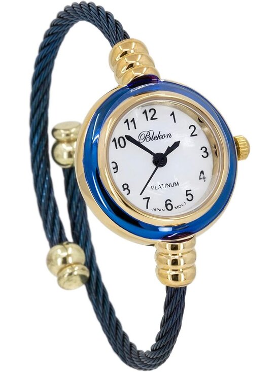 Women\'s Gold Navy Blue Analog Elegant Cable Cuff Arabic Numbers Bracelet Watch main image 7